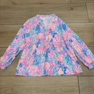 Lilly Pulitzer Women’s XL Winona Top Blouse Neon Floral V Neck Lightweight
